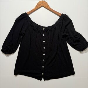 Black Off-Shoulder Women's 3/4 Sleeve Top with Button Front
